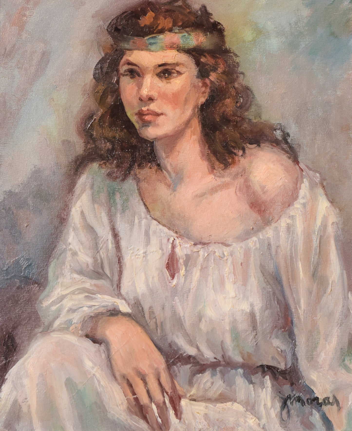 Portrait of a Young Woman in a White Dress Oil on Canvas