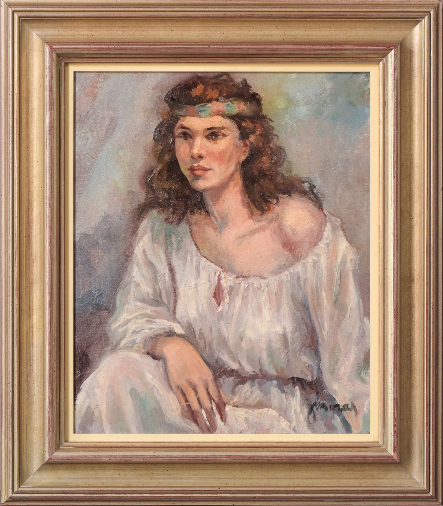 Retrato de mujer joven con vestido blanco Óleo sobre lienzo