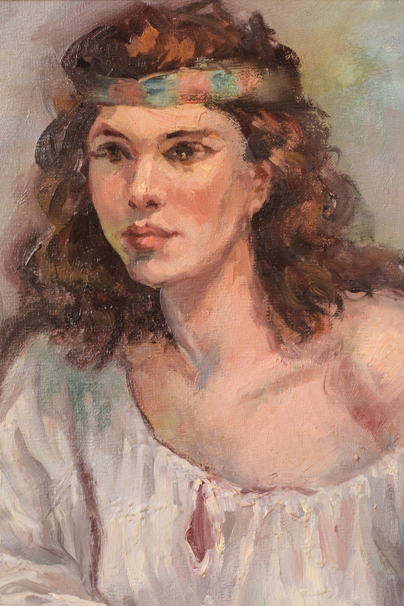 Portrait of a Young Woman in a White Dress Oil on Canvas