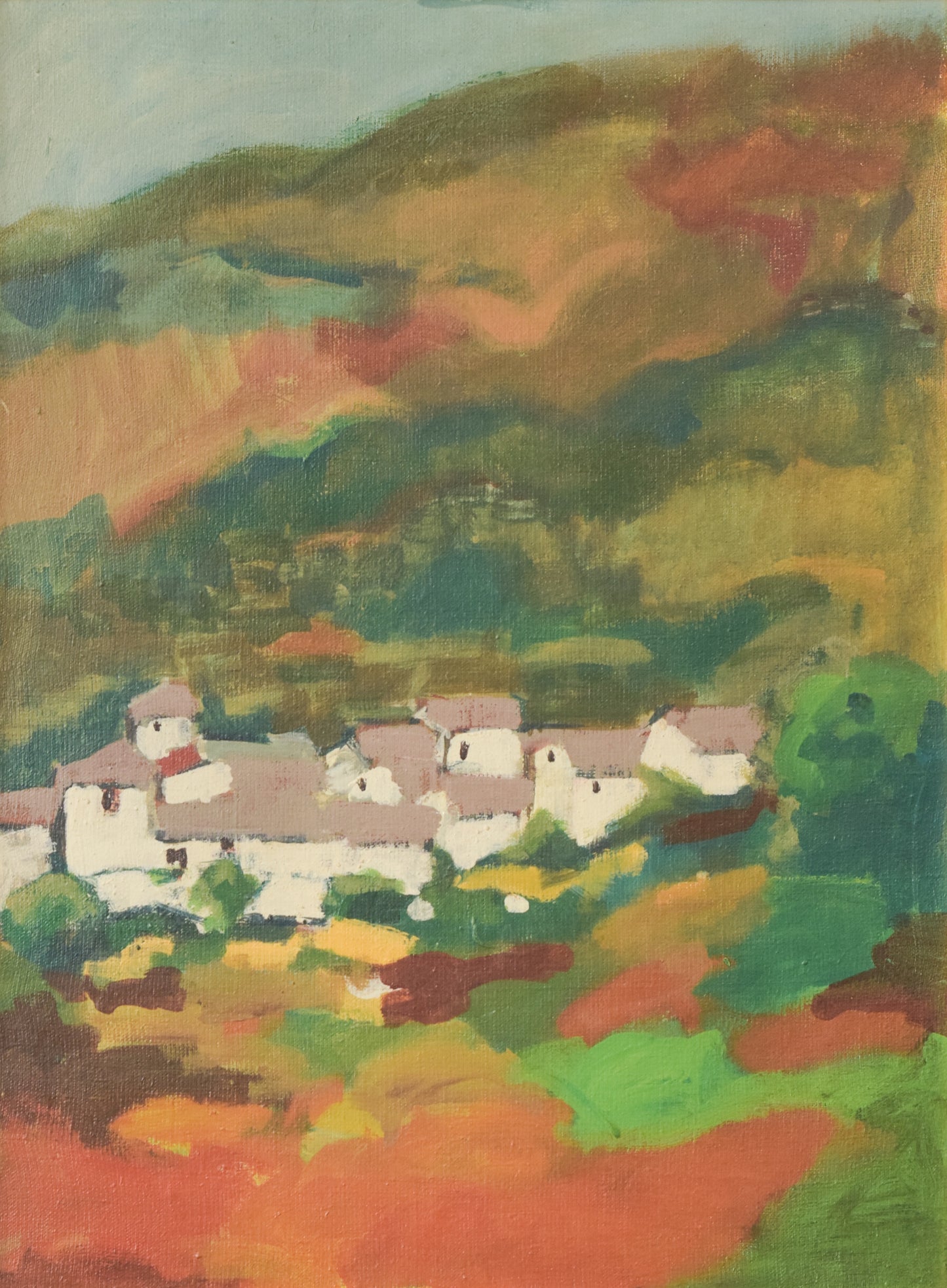 Impressionist Village in mountain landscape. Oil on canvas