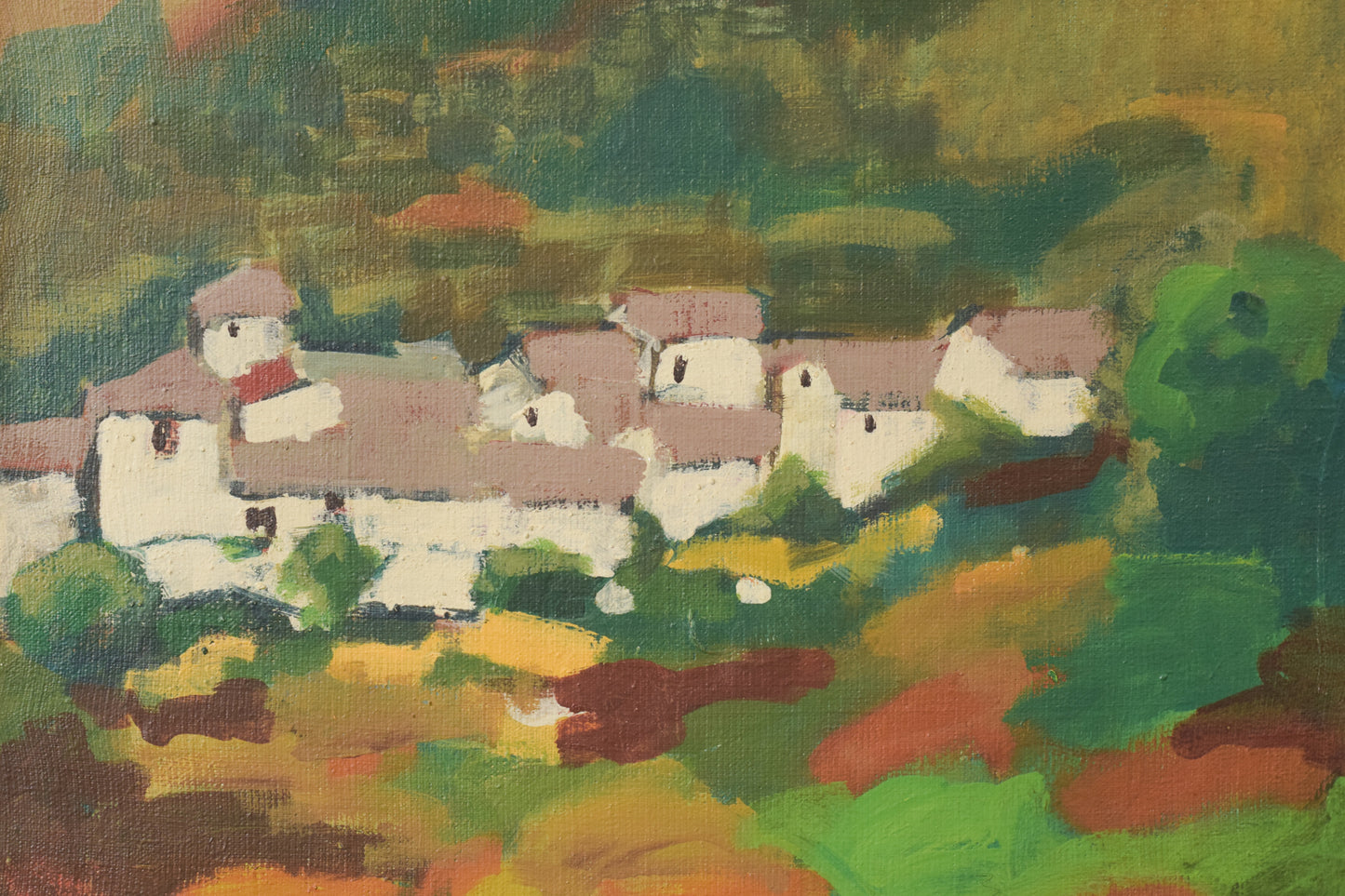 Impressionist Village in mountain landscape. Oil on canvas