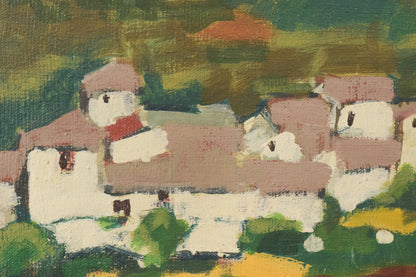 Impressionist Village in mountain landscape. Oil on canvas
