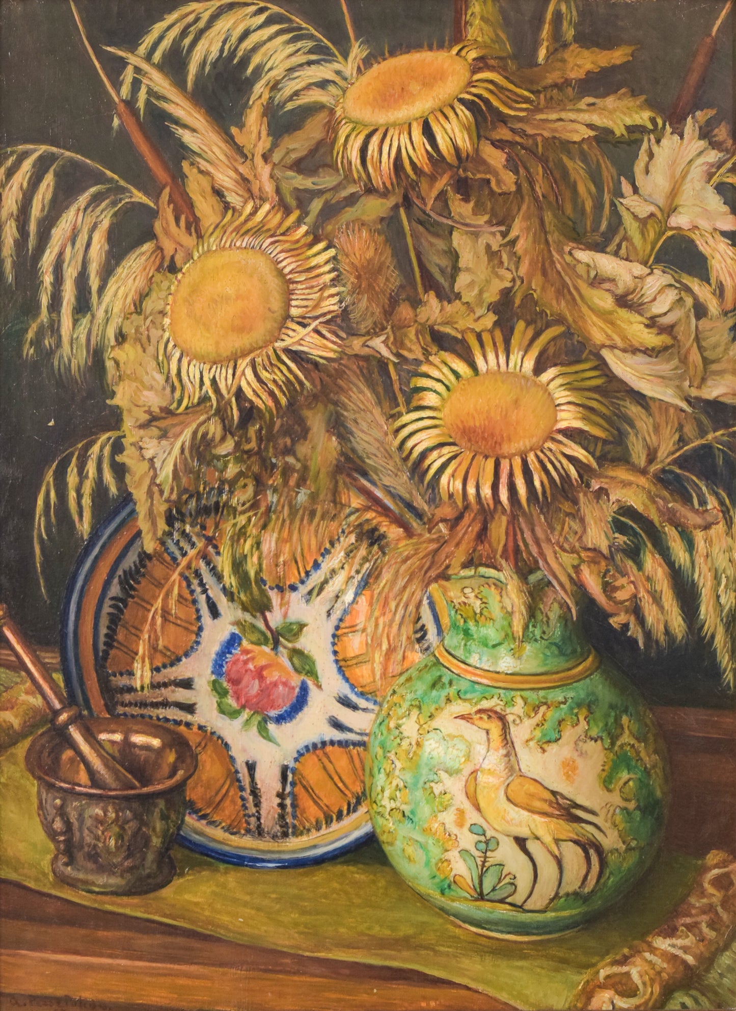 Magnificent Still Life - Sunflowers and Majolica Jug