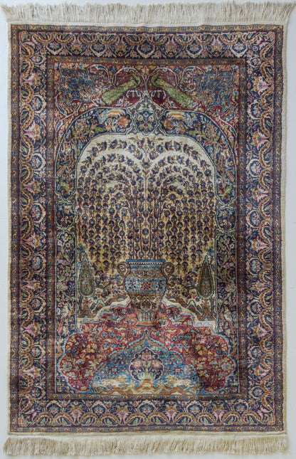 Handwoven Rug with Peacocks and Lions