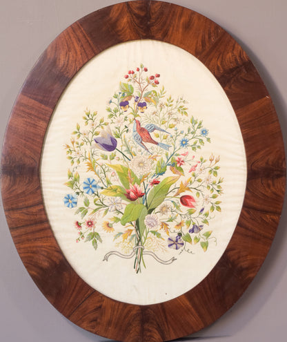 Framed Embroidery with Flowers and Birds