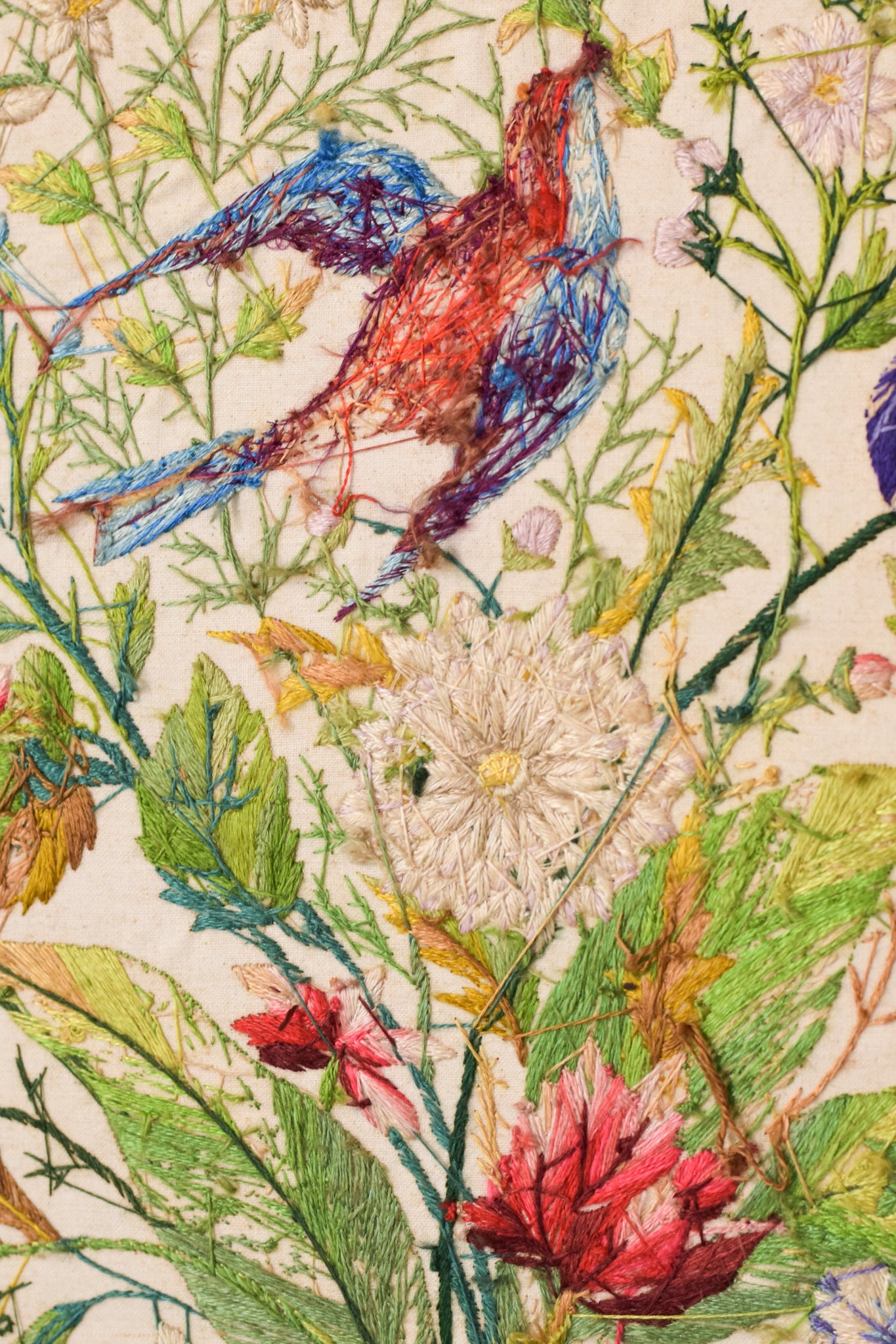 Framed Embroidery with Flowers and Birds