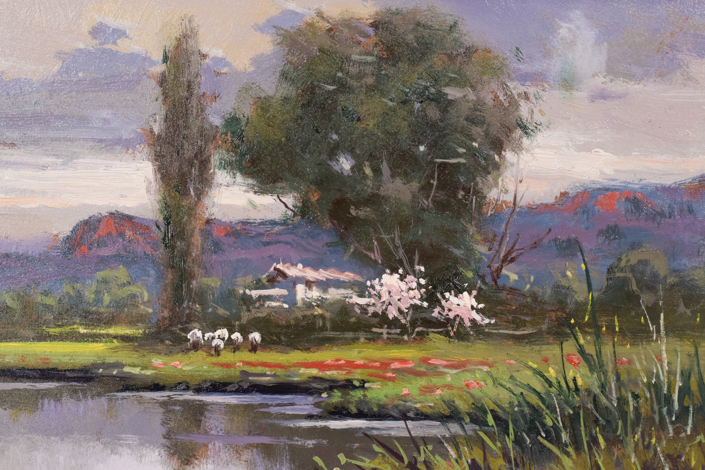 Landscape with Red Flowers - Oil on board