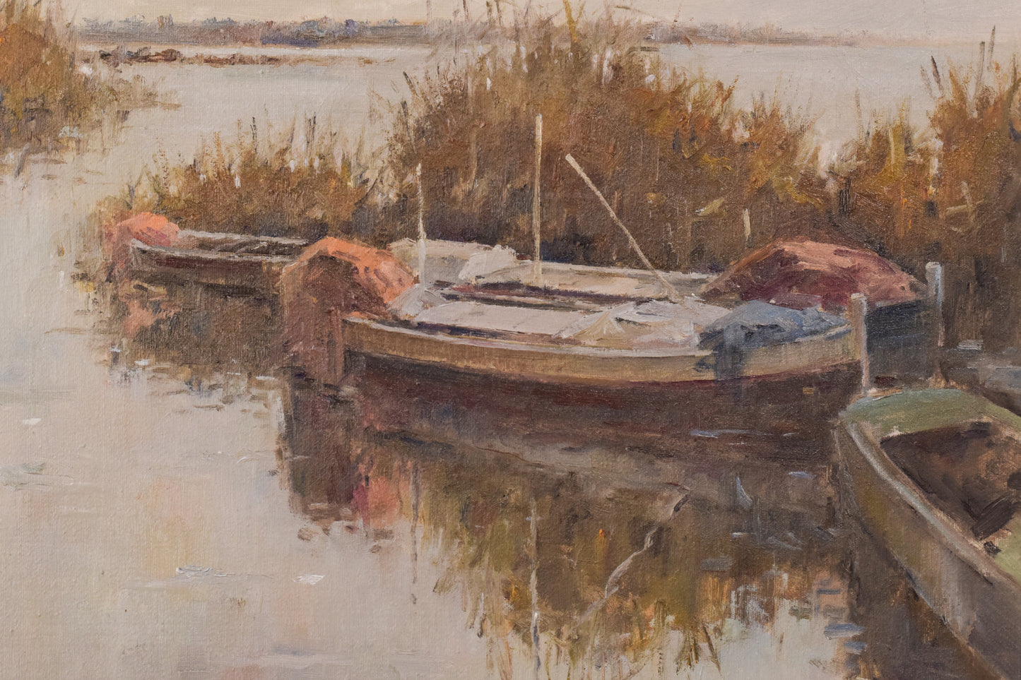 Post Impressionist Lake Scene with Boats