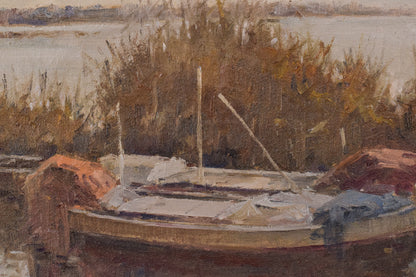 Escena posimpresionista del lago con barcos