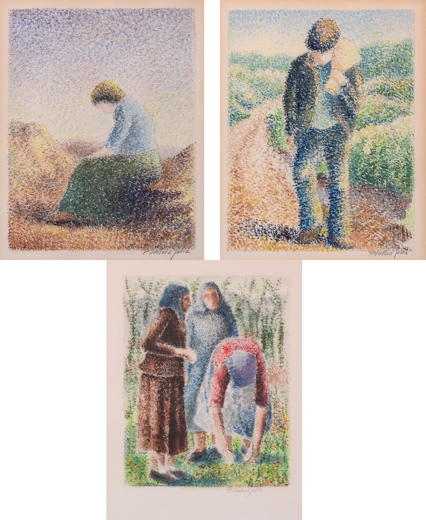 Three Pointillist Watercolours by Pere Ventura Julia 