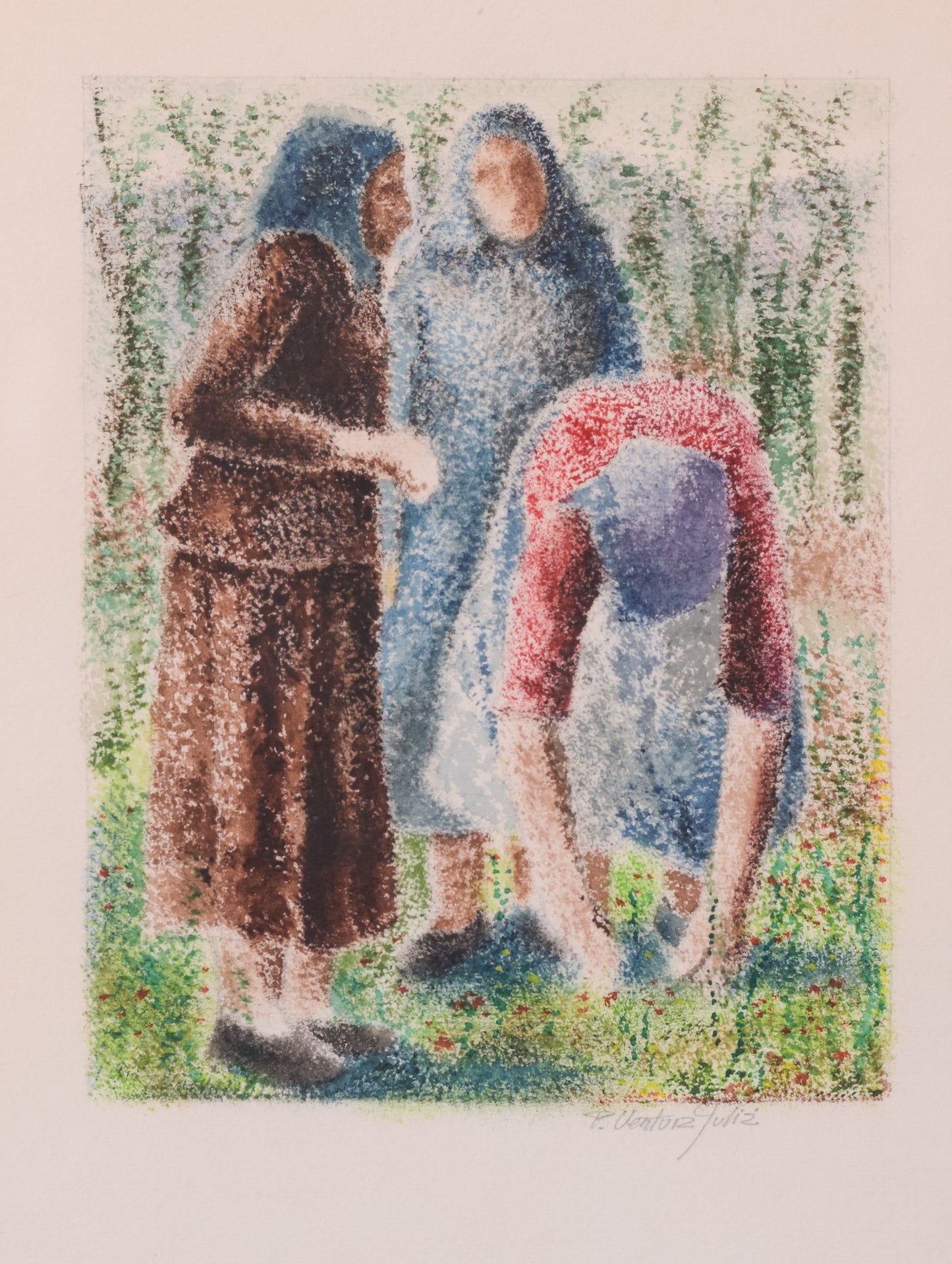 Pointillist Watercolour of Three Women by Pere Ventura Julia