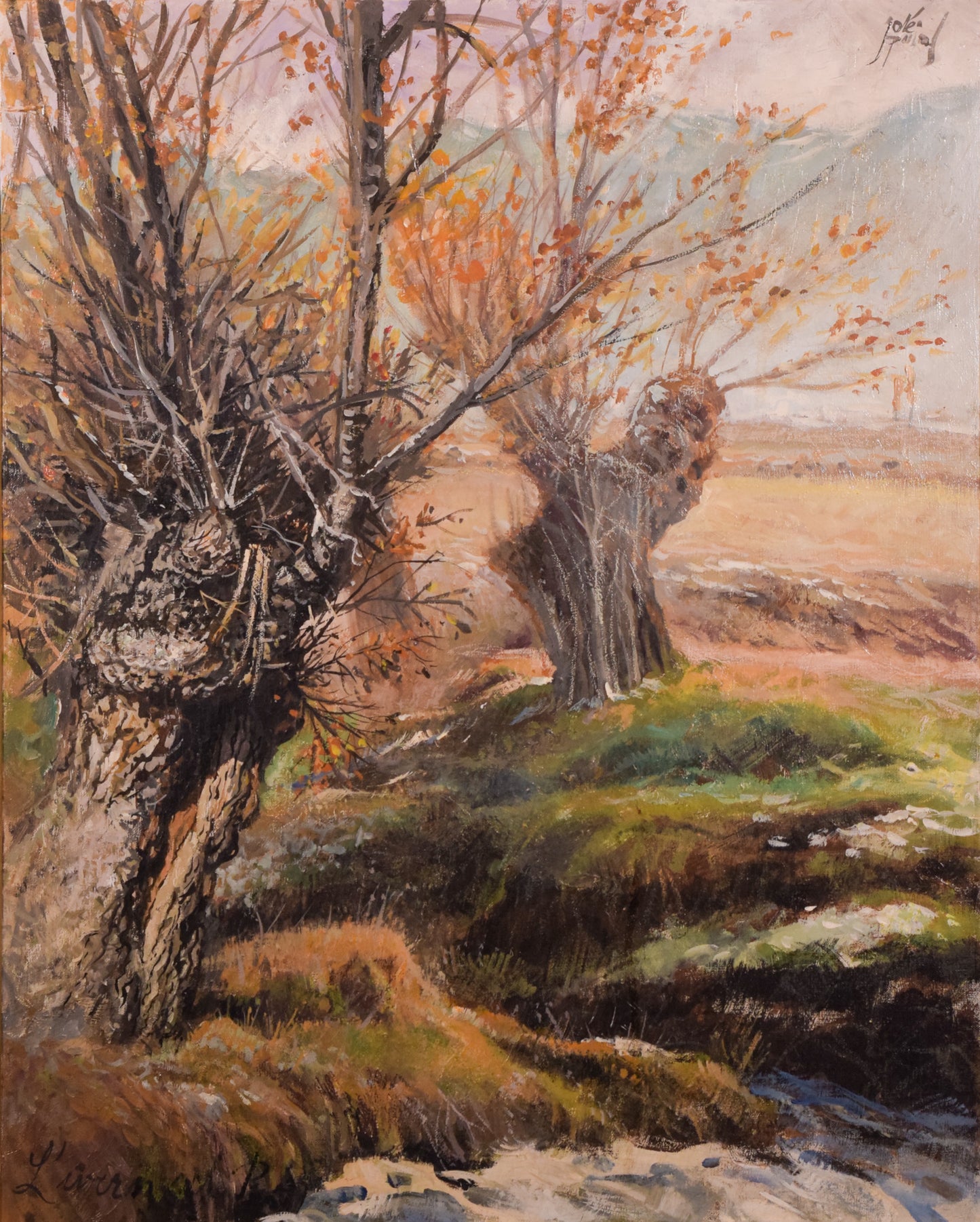 Large Post Impressionist Study of Willows in an Autumn Landscape