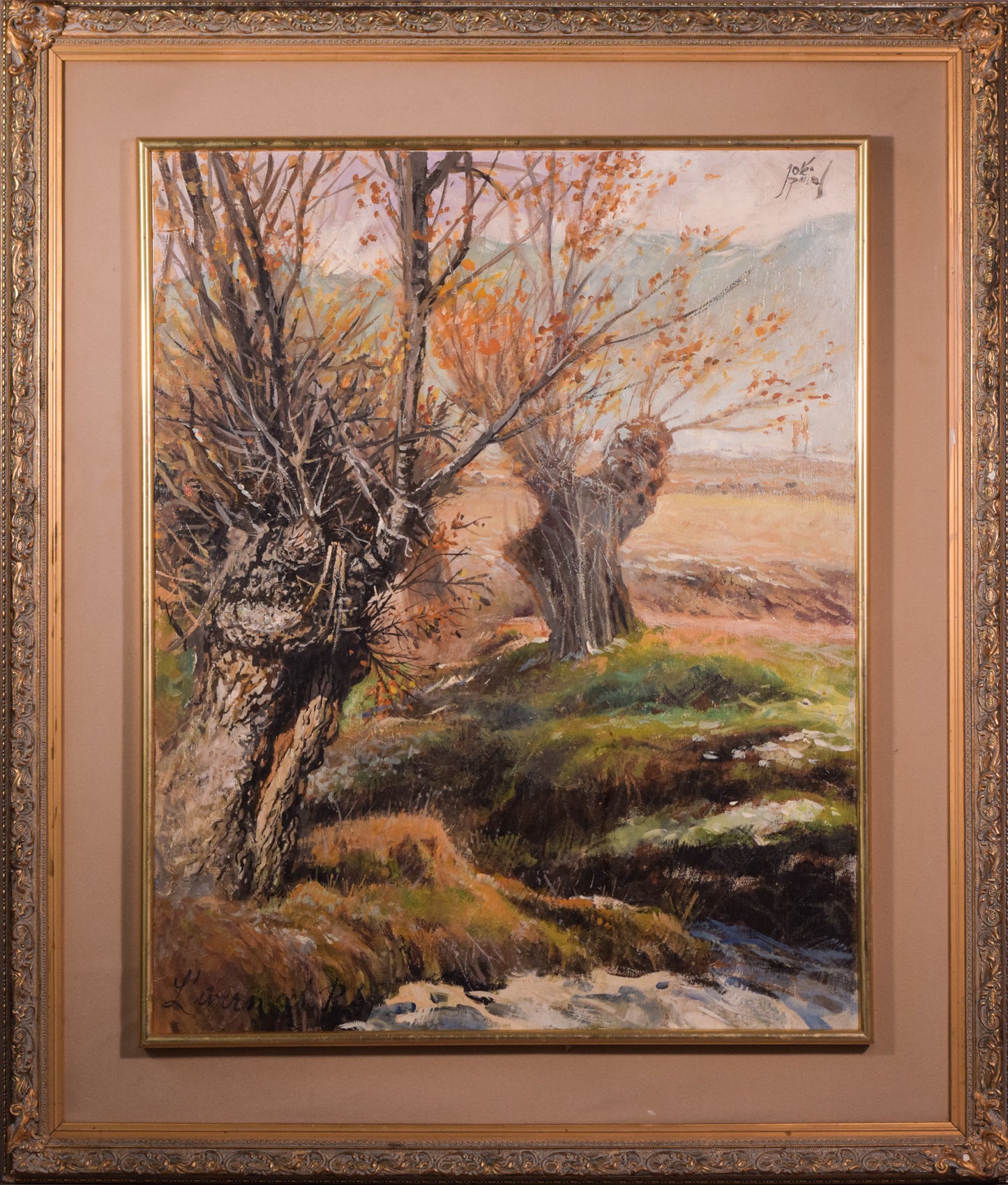 Large Post Impressionist Study of Willows in an Autumn Landscape