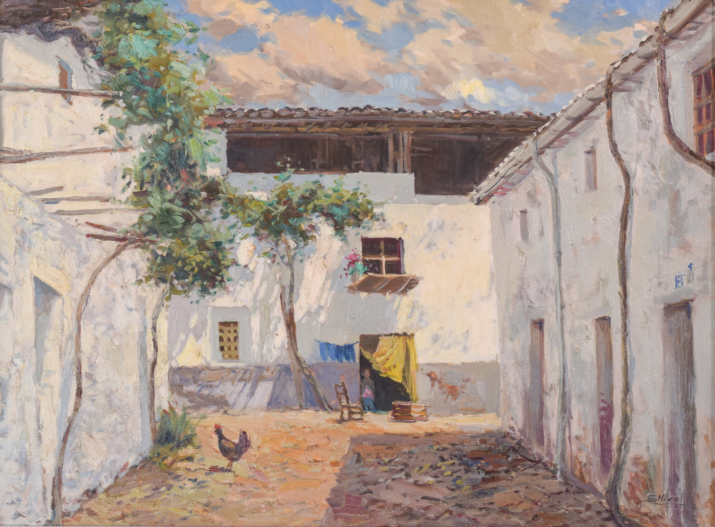 Large Spanish Courtyard Scene with Cockerel