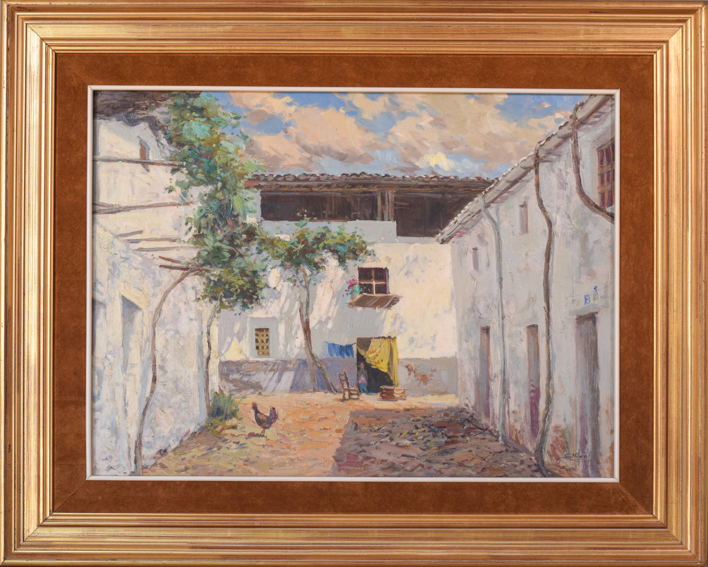 Large Spanish Courtyard Scene with Cockerel