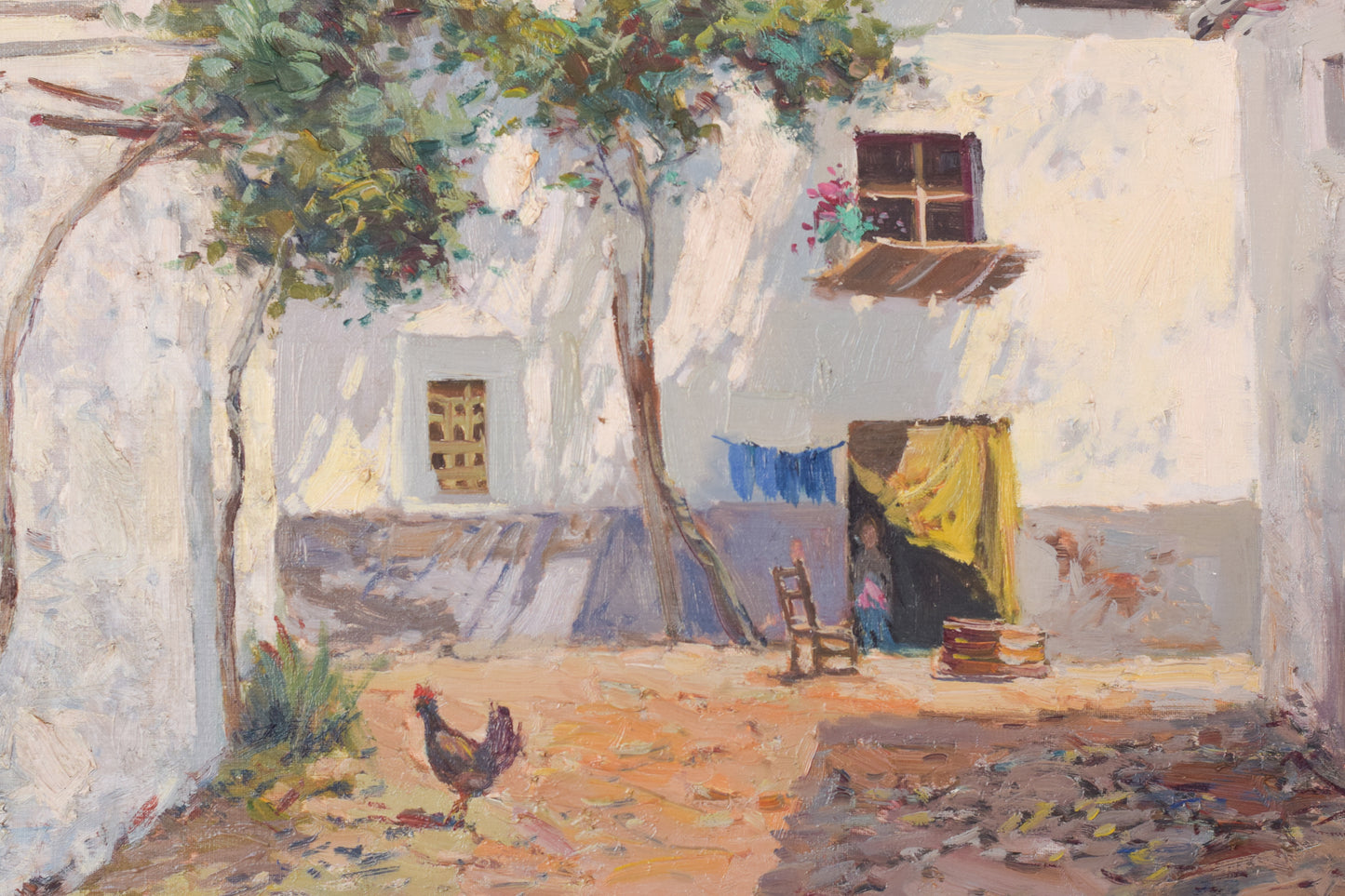 Large Spanish Courtyard Scene with Cockerel