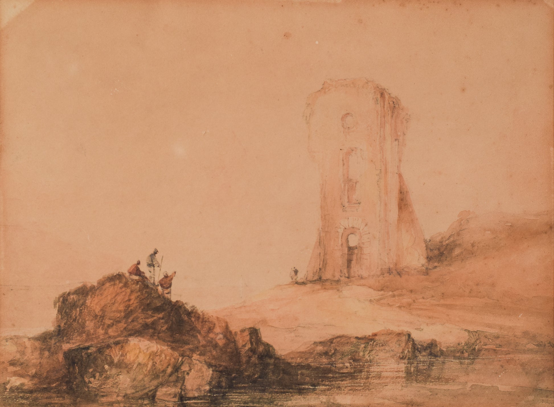 19th Century Watercolour - Figures and Tower