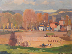 Autumnal Village and Meadow - Oil on board - Modern Decorative