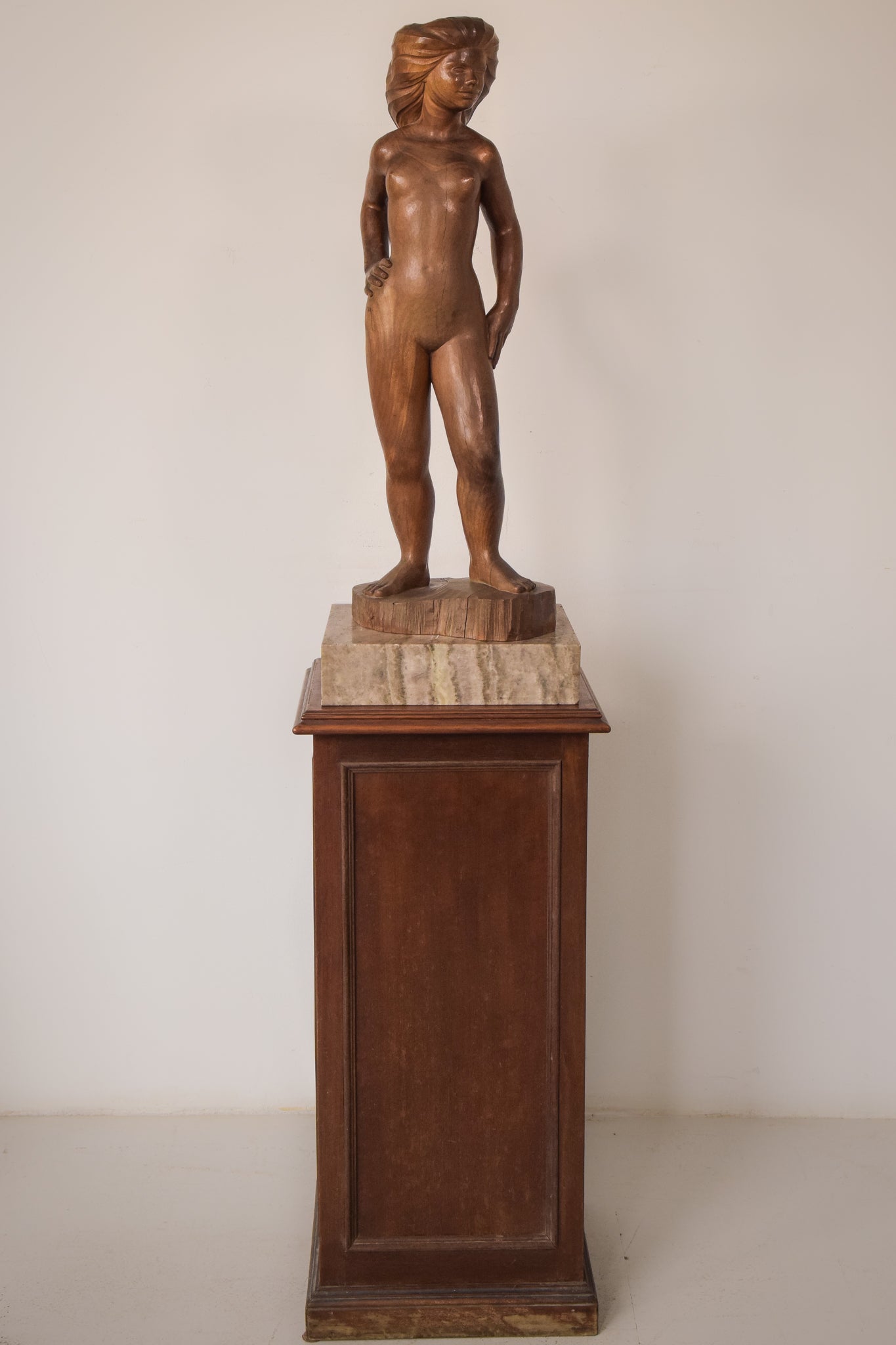 Wood Carved Female Nude with Stand