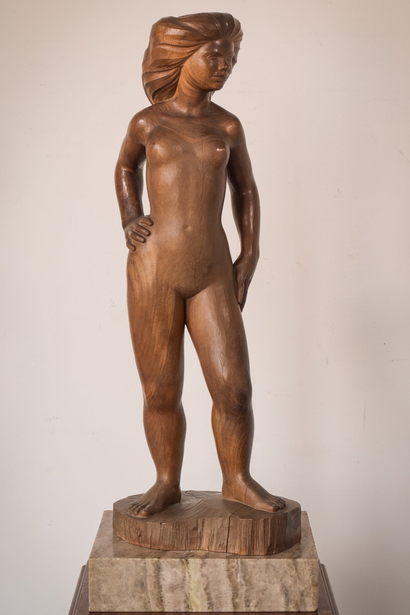 Wood Carved Female Nude with Stand