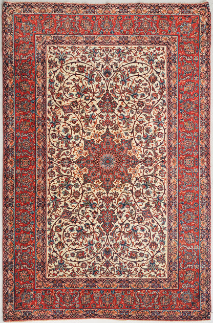 Kashan Persian Hand Knotted Rug. Red and Beige Ground