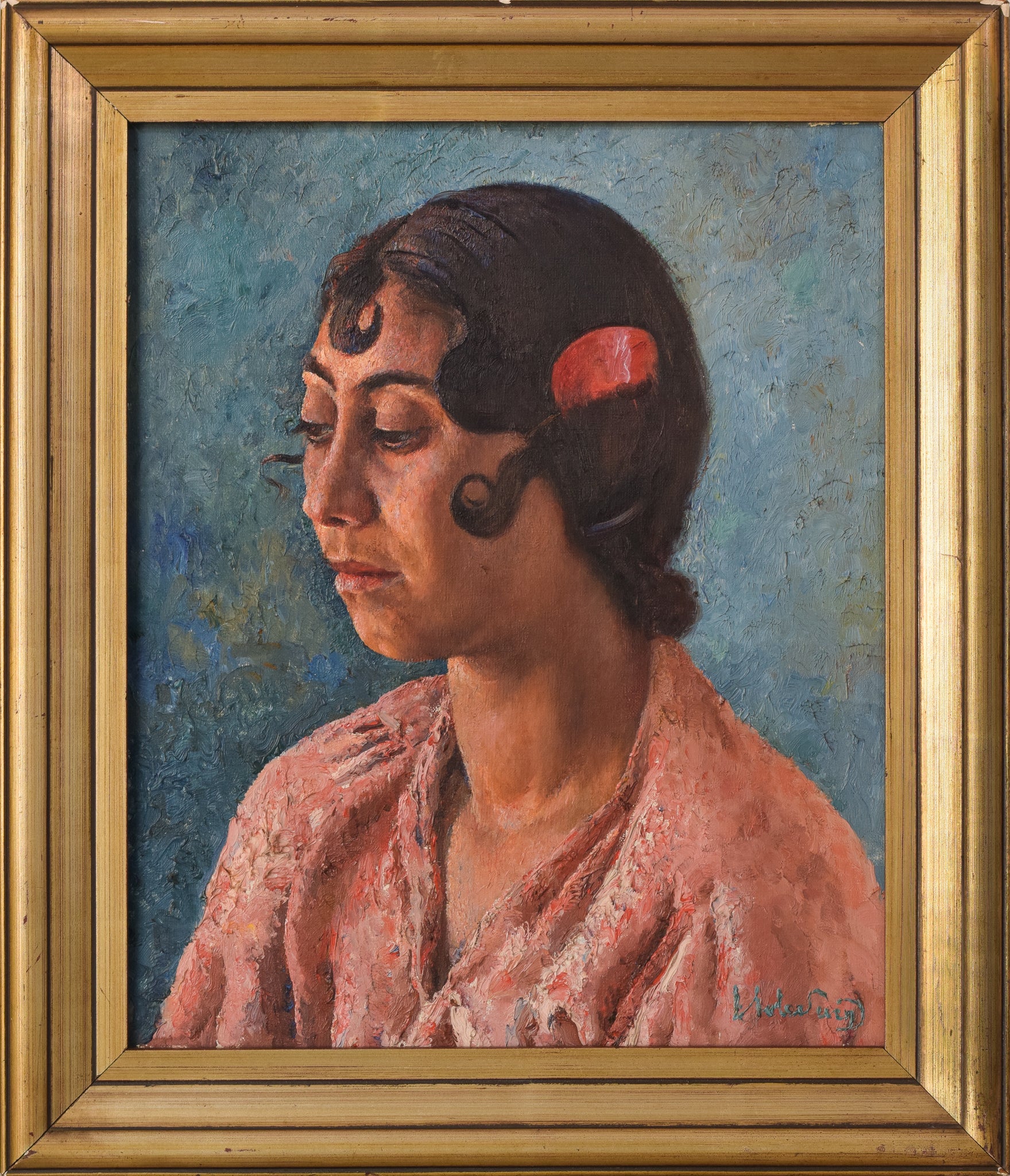 Oil Painting of a Lady with a Red Hair Clip