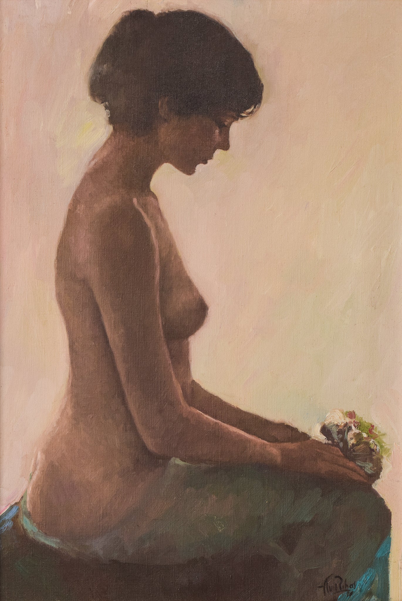 Female Nude Study with Bouquet of Flowers