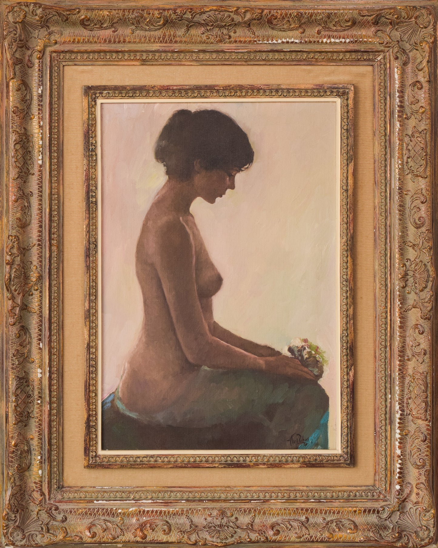 Female Nude Study with Bouquet of Flowers