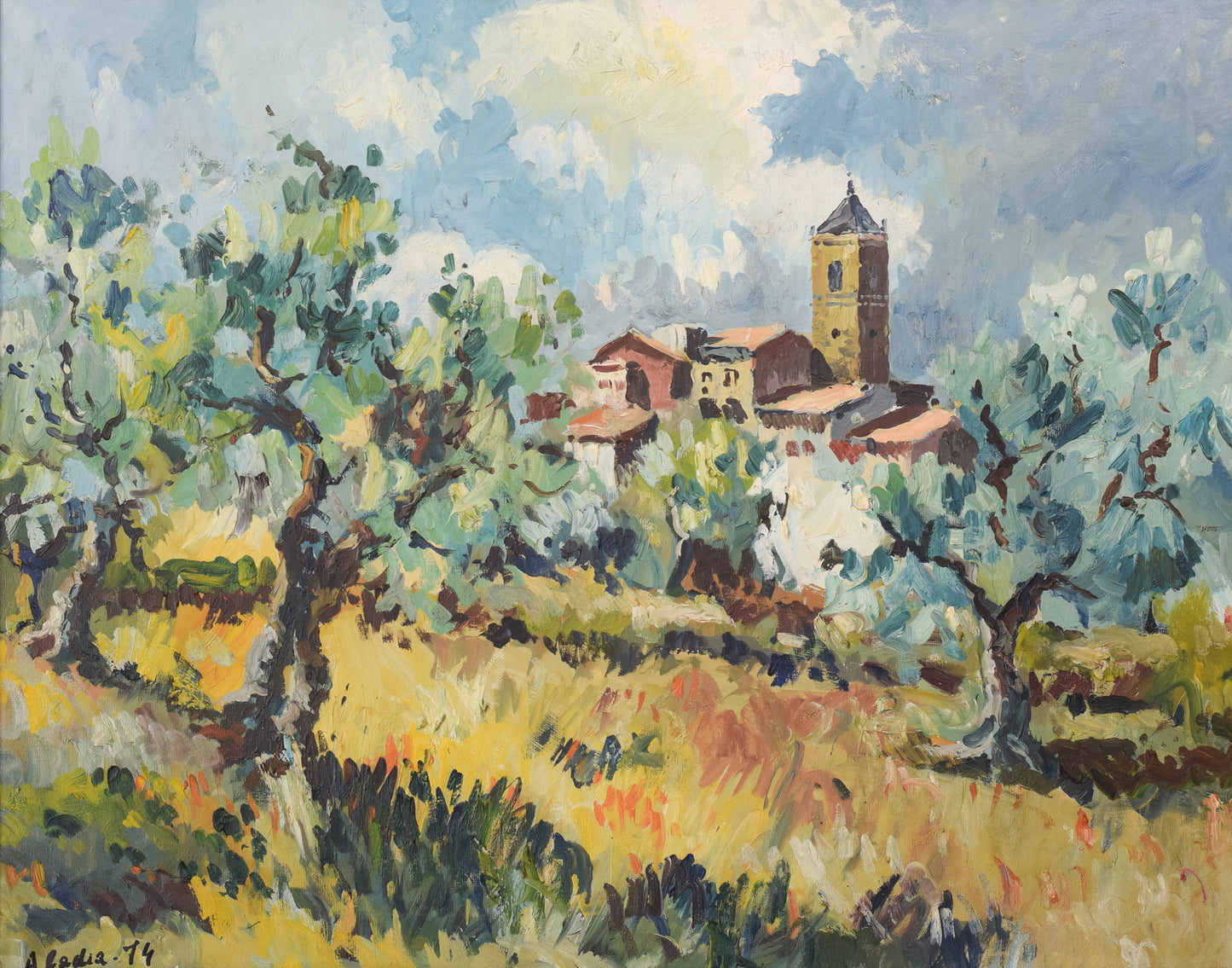 Post Impressionist Landscape - Olive Trees and Village Church