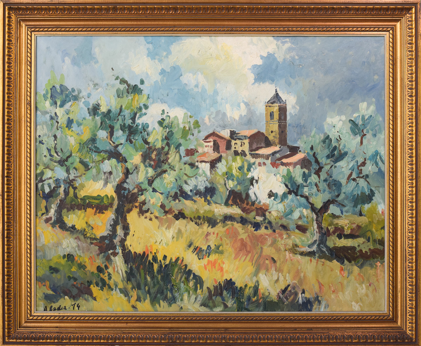 Post Impressionist Landscape - Olive Trees and Village Church