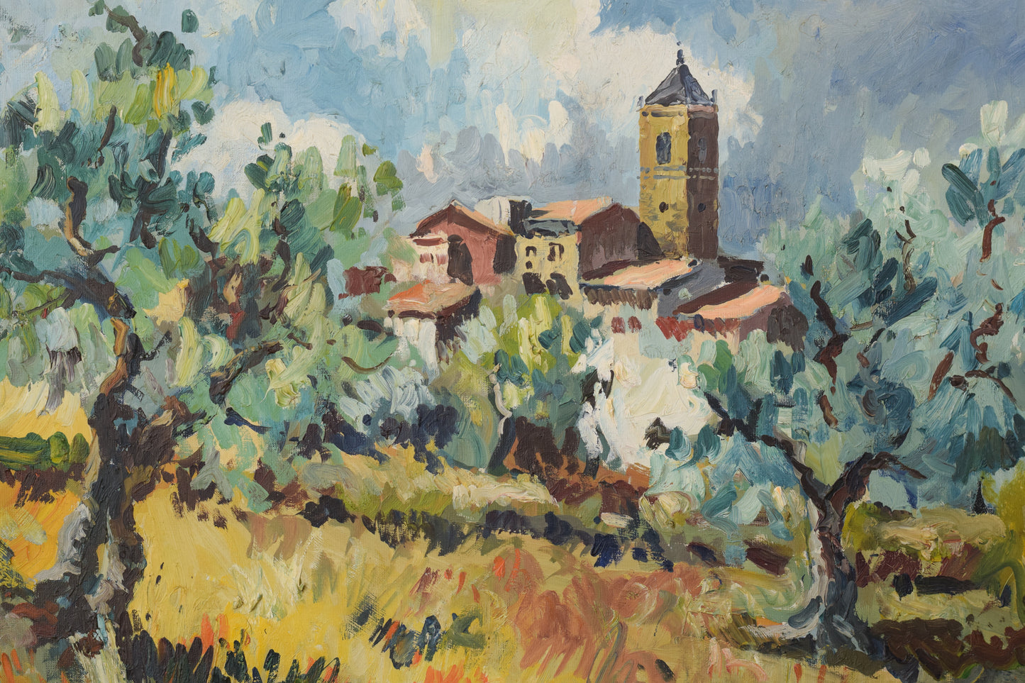 Post Impressionist Landscape - Olive Trees and Village Church