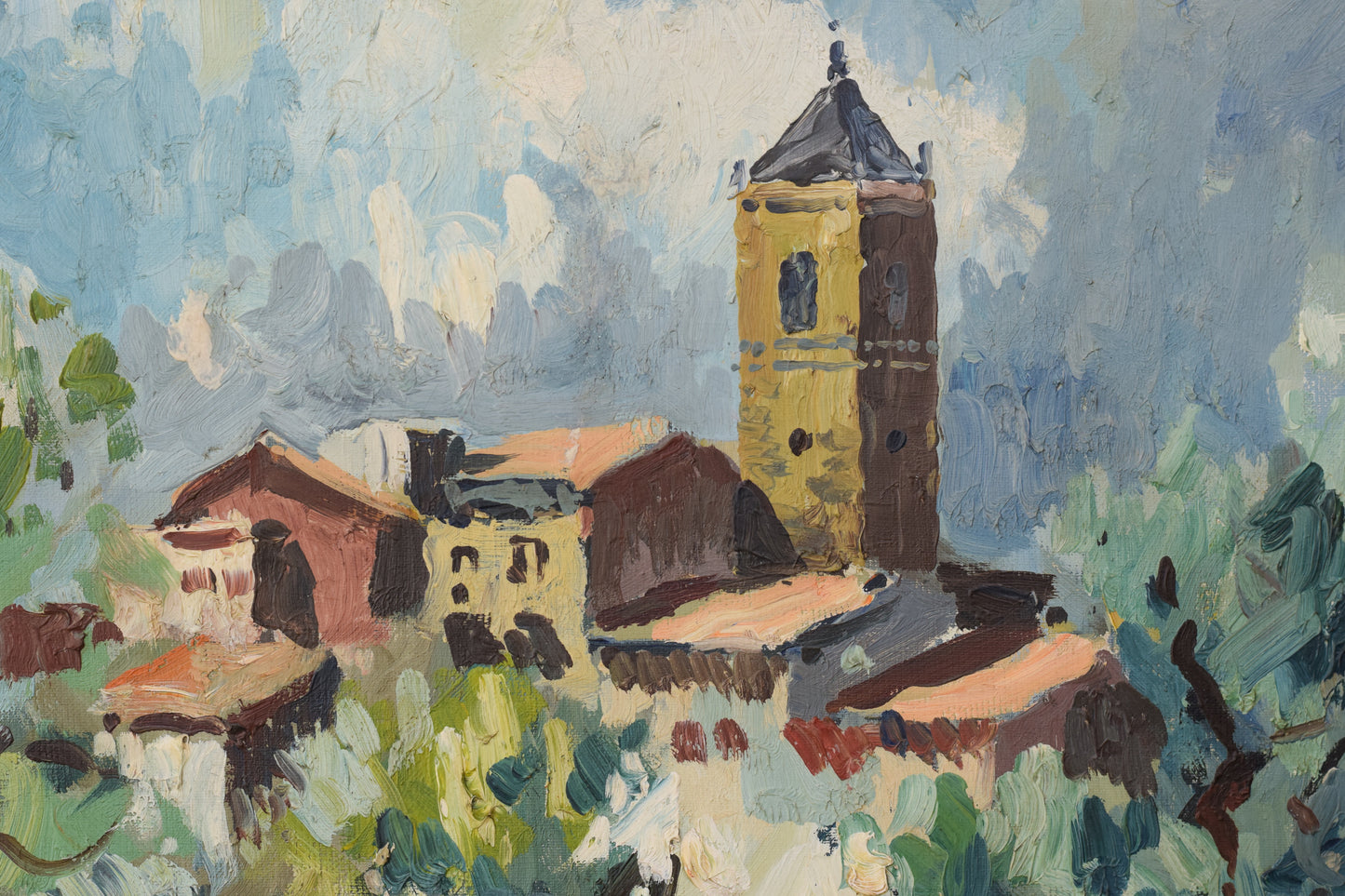 Post Impressionist Landscape - Olive Trees and Village Church