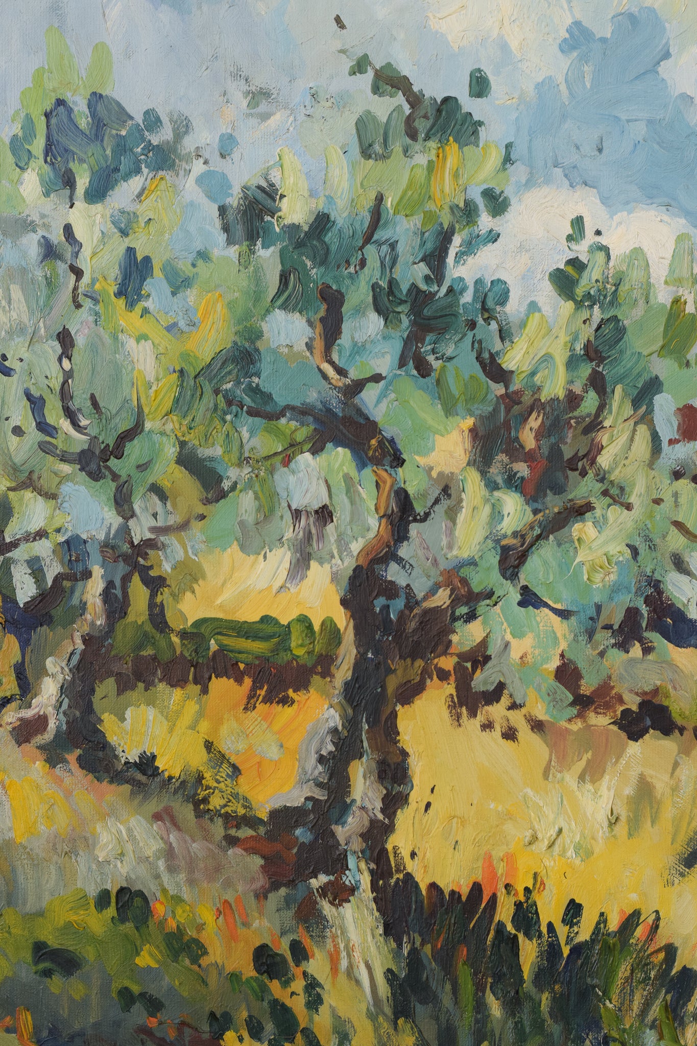 Post Impressionist Landscape - Olive Trees and Village Church