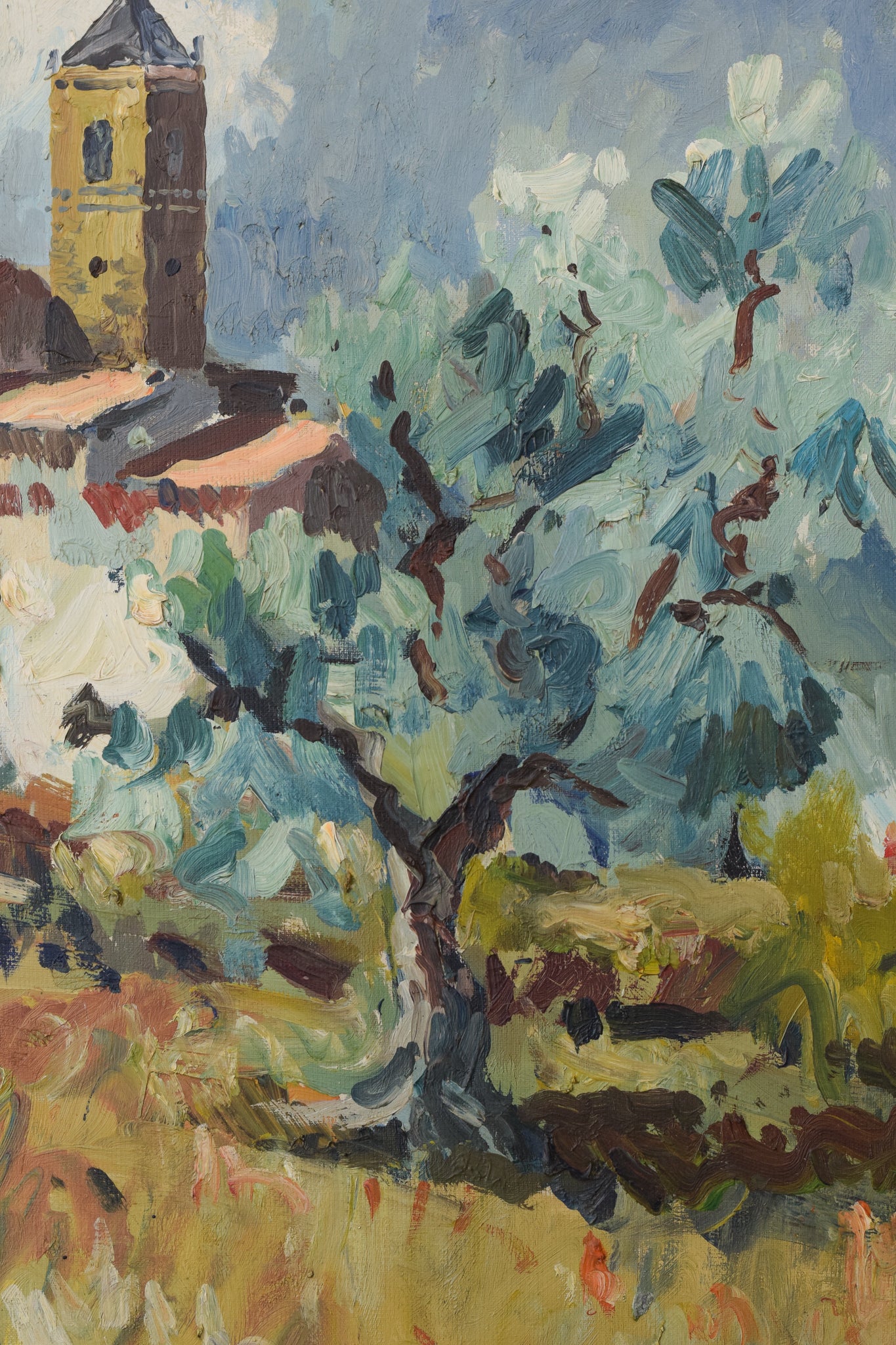 Post Impressionist Landscape - Olive Trees and Village Church