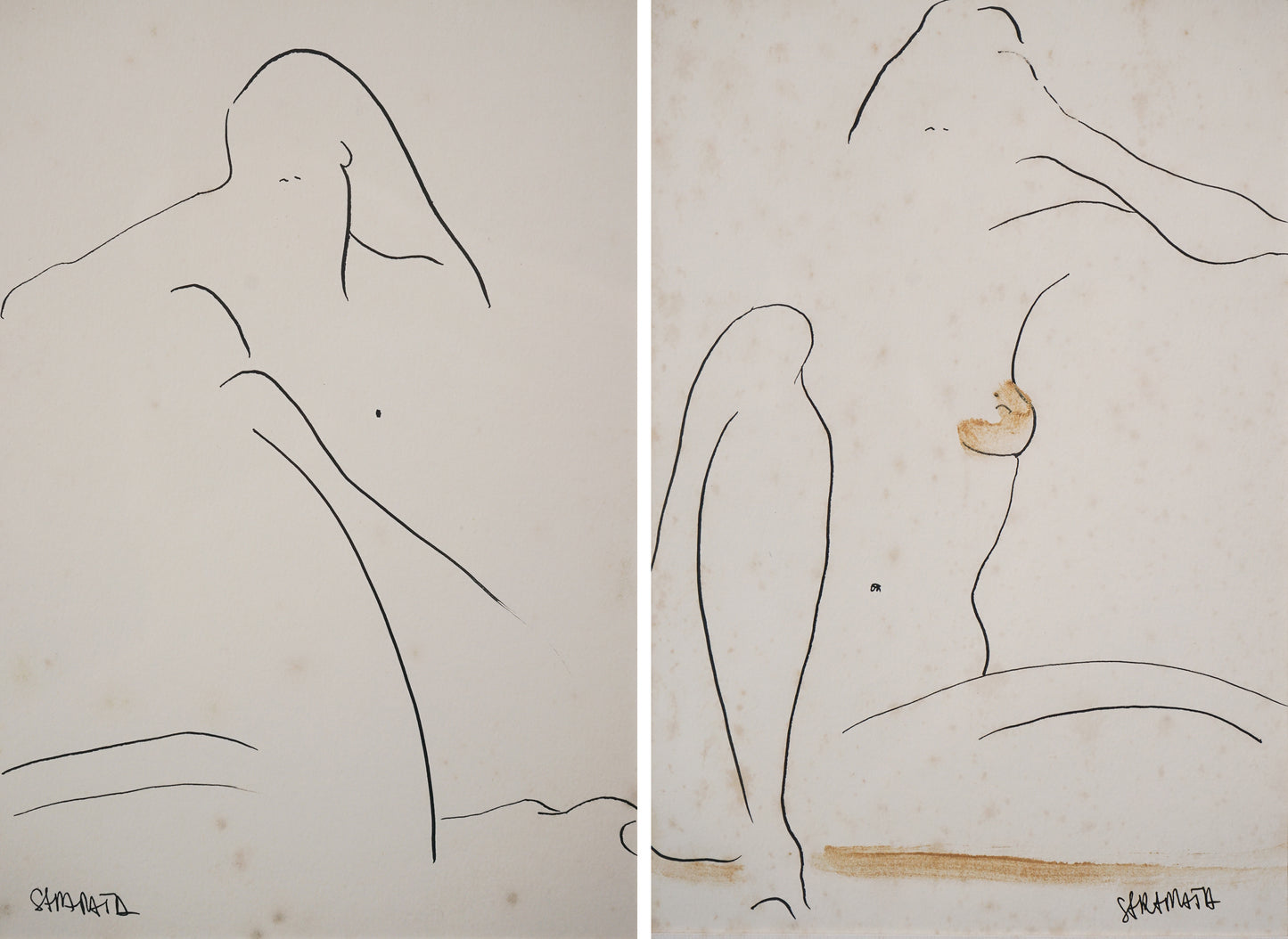 Joanna Sarapata - Two Female Nude Pen and Colour Wash Studies