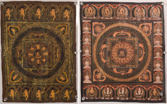Dos pergaminos tibetanos pintados a mano vintage