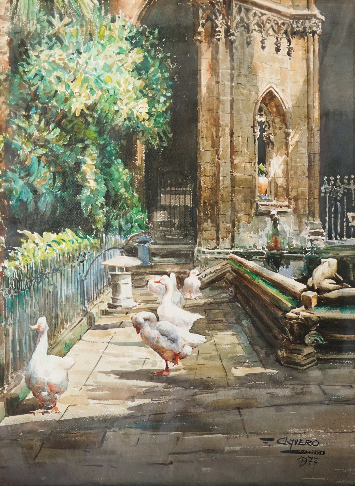 Geese and a Stone Frog by a Cathedral Pond - Large Watercolour - F. Clavero