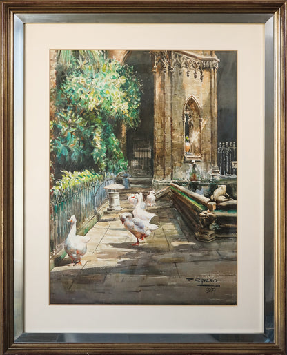 Geese and a Stone Frog by a Cathedral Pond - Large Watercolour - F. Clavero
