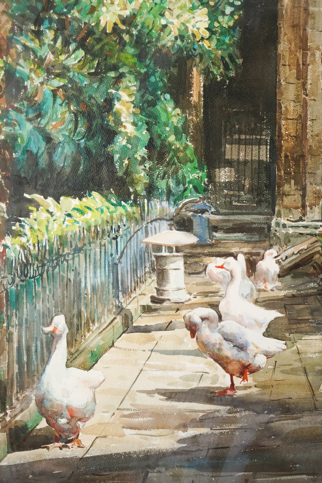 Geese and a Stone Frog by a Cathedral Pond - Large Watercolour - F. Clavero