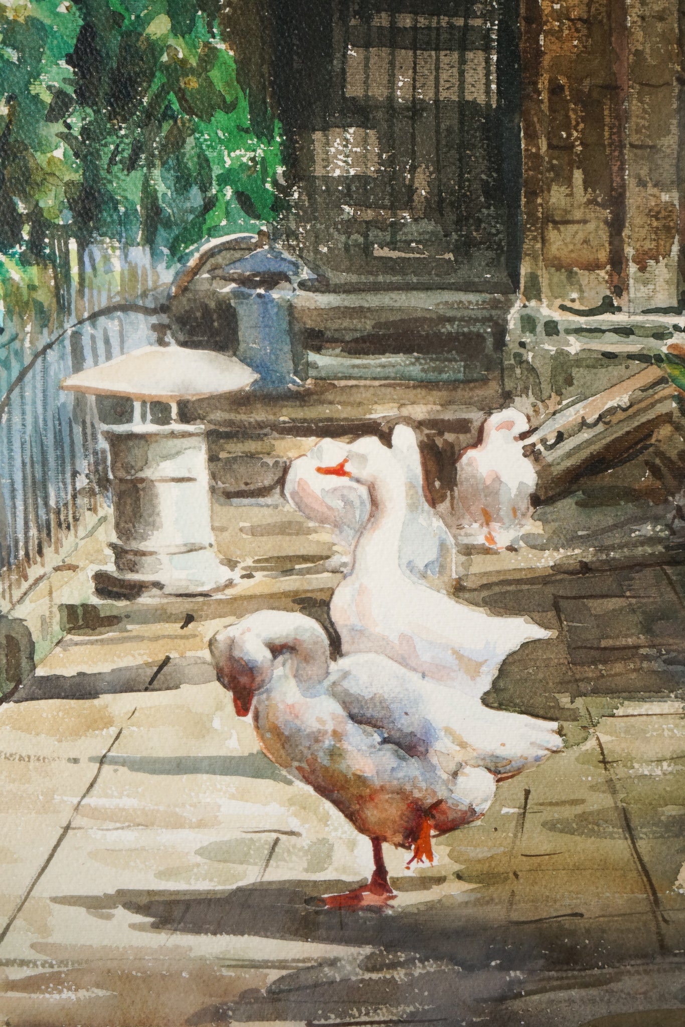 Geese and a Stone Frog by a Cathedral Pond - Large Watercolour - F. Clavero