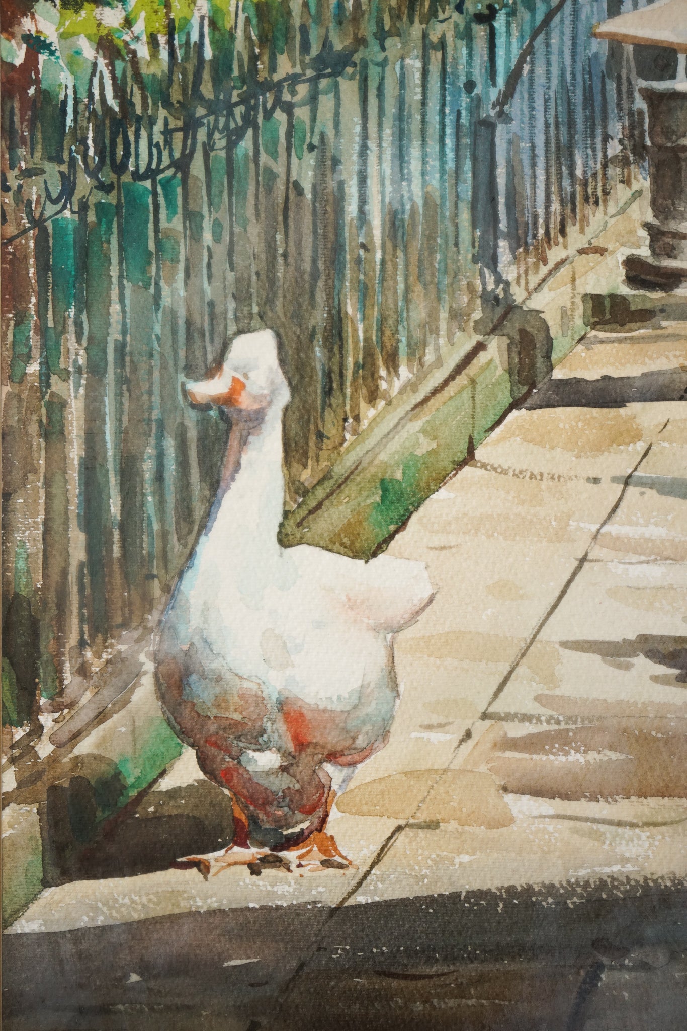 Geese and a Stone Frog by a Cathedral Pond - Large Watercolour - F. Clavero