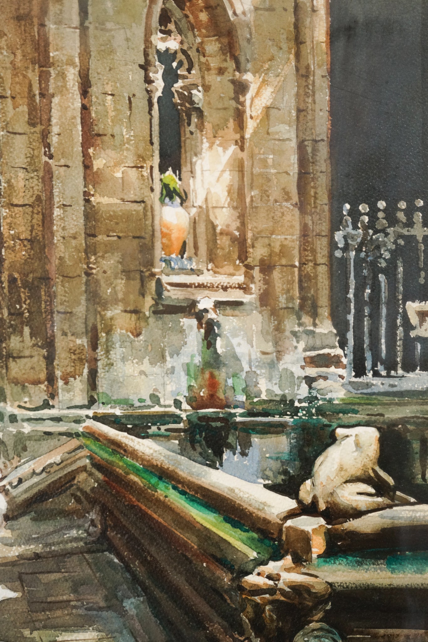 Geese and a Stone Frog by a Cathedral Pond - Large Watercolour - F. Clavero