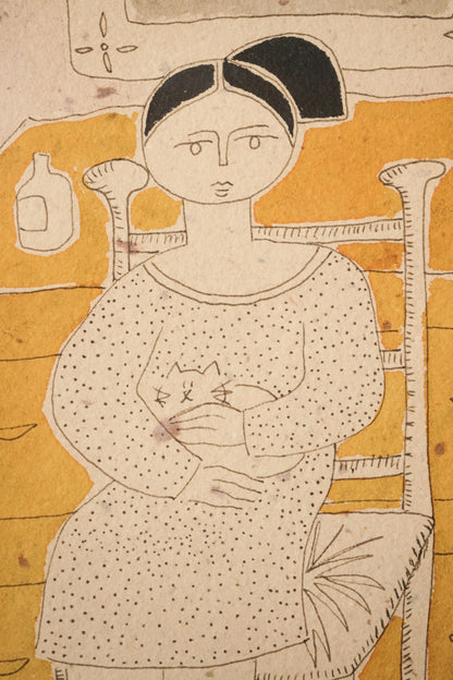 Lady with a Cat - Naive Watercolour