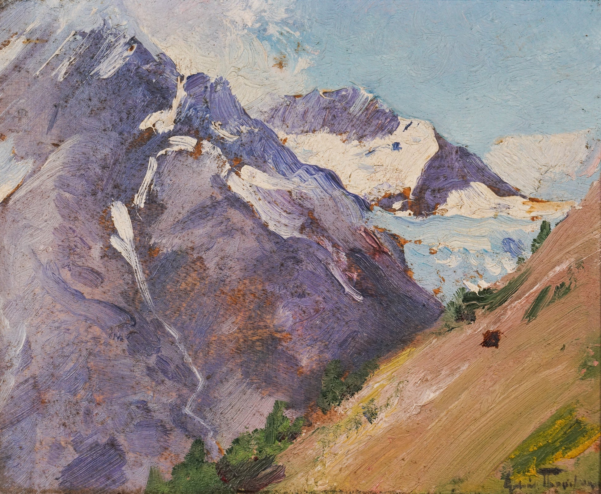 Plein air painting of a mountain landscape 