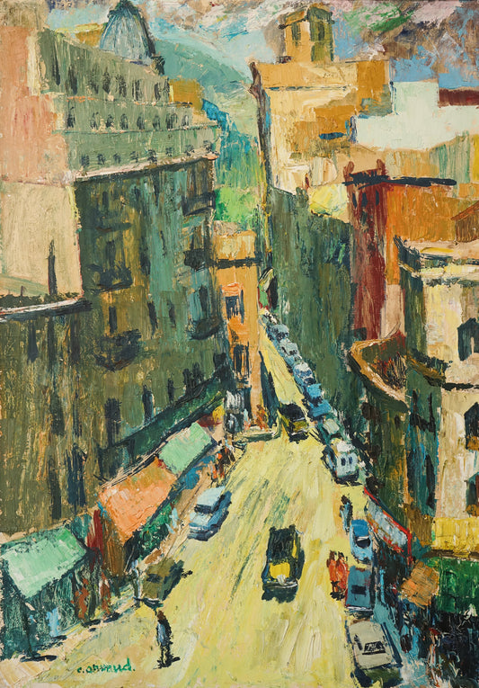 Vibrant Modernist Expressionist - Street Scene With Mid-century Cars