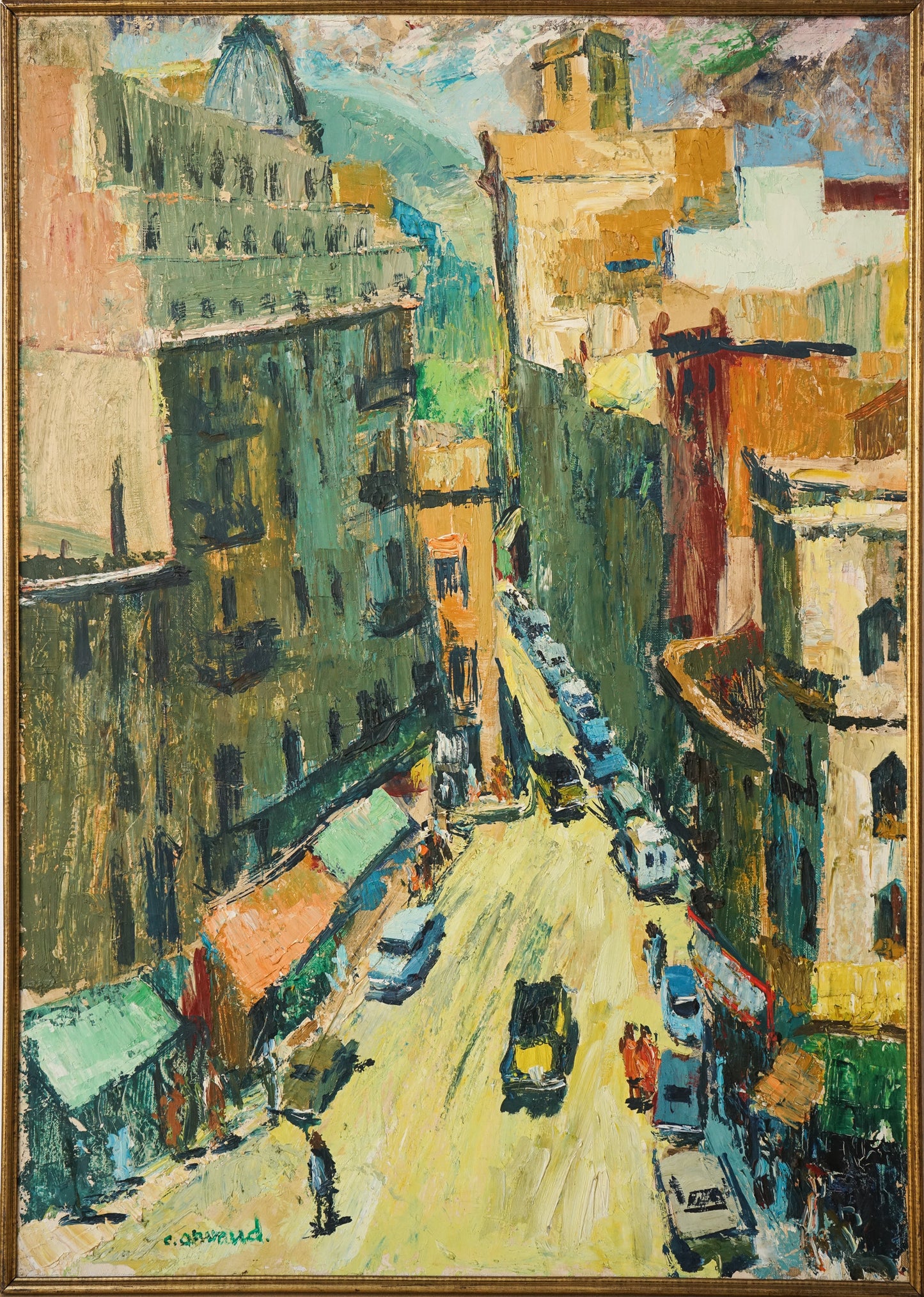 Vibrant Modernist Expressionist - Street Scene With Mid-century Cars