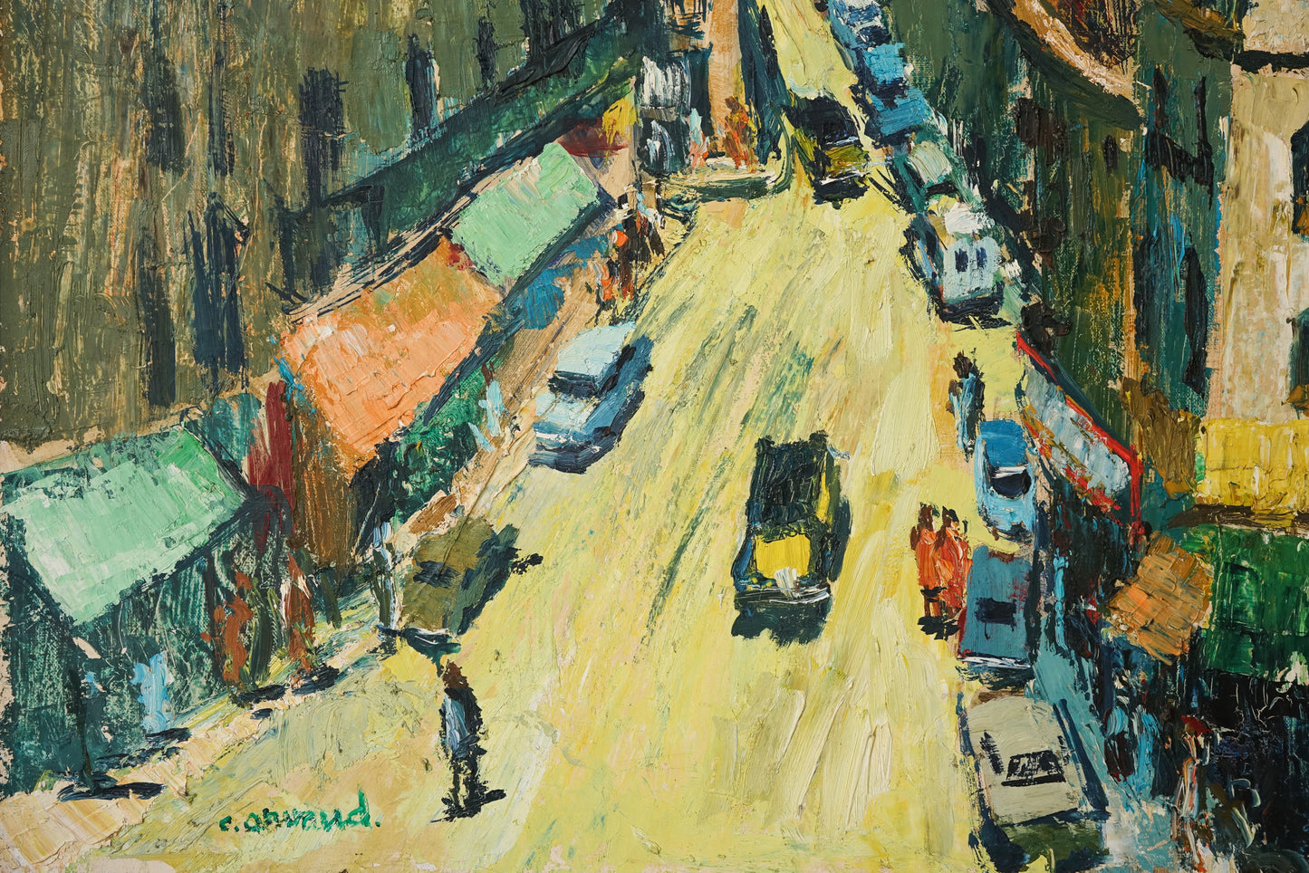 Vibrant Modernist Expressionist Street Scene With Mid-century Cars