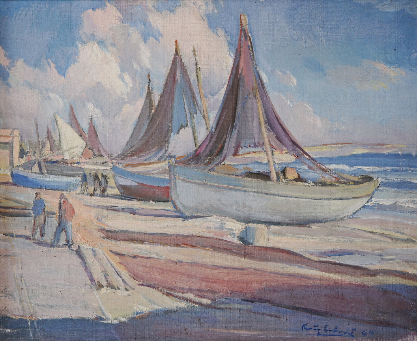 Oil on canvas - Fishing boats on the beach