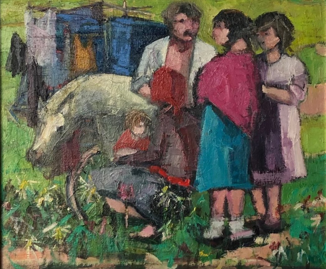 Familia con carro y poni - Óleo sobre lienzo