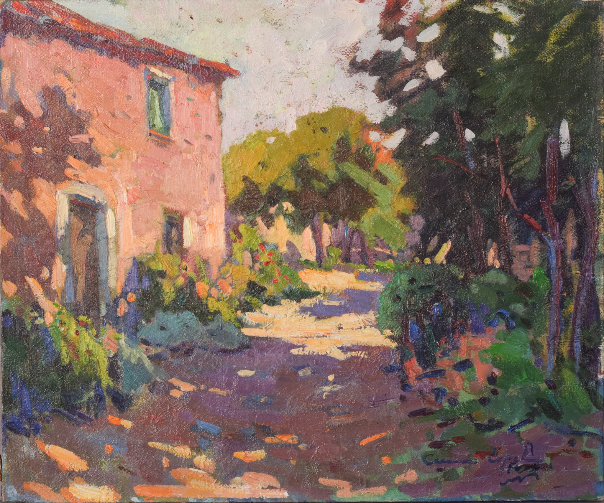 Vintage painting deals of trees road houses scene mid century impressionist